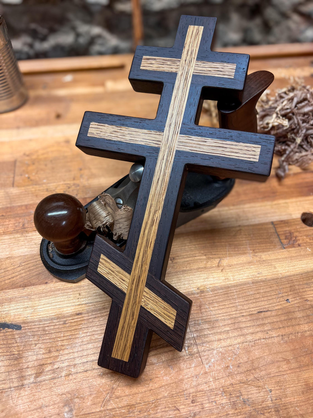 Wenge and White Oak Inlayed Wooden Orthodox Wall Cross