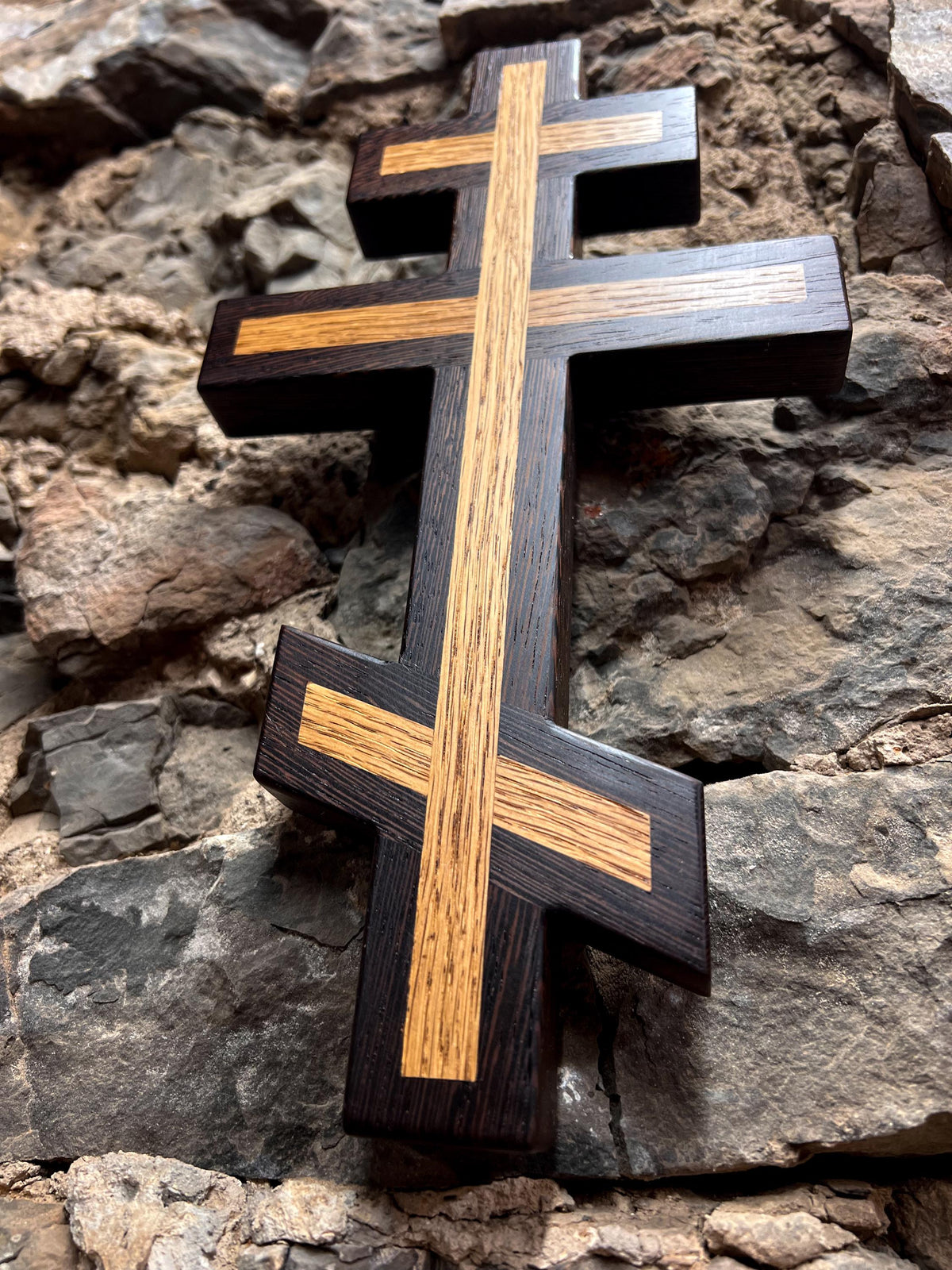 Wenge and White Oak Inlayed Wooden Orthodox Wall Cross