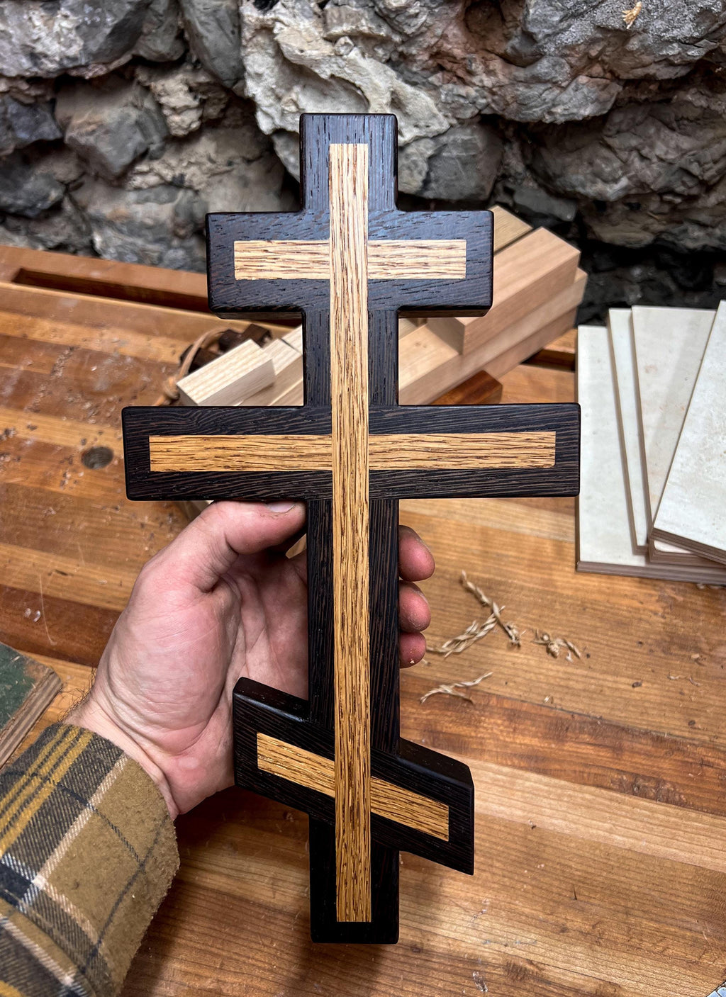 Wenge and White Oak Inlayed Wooden Orthodox Wall Cross