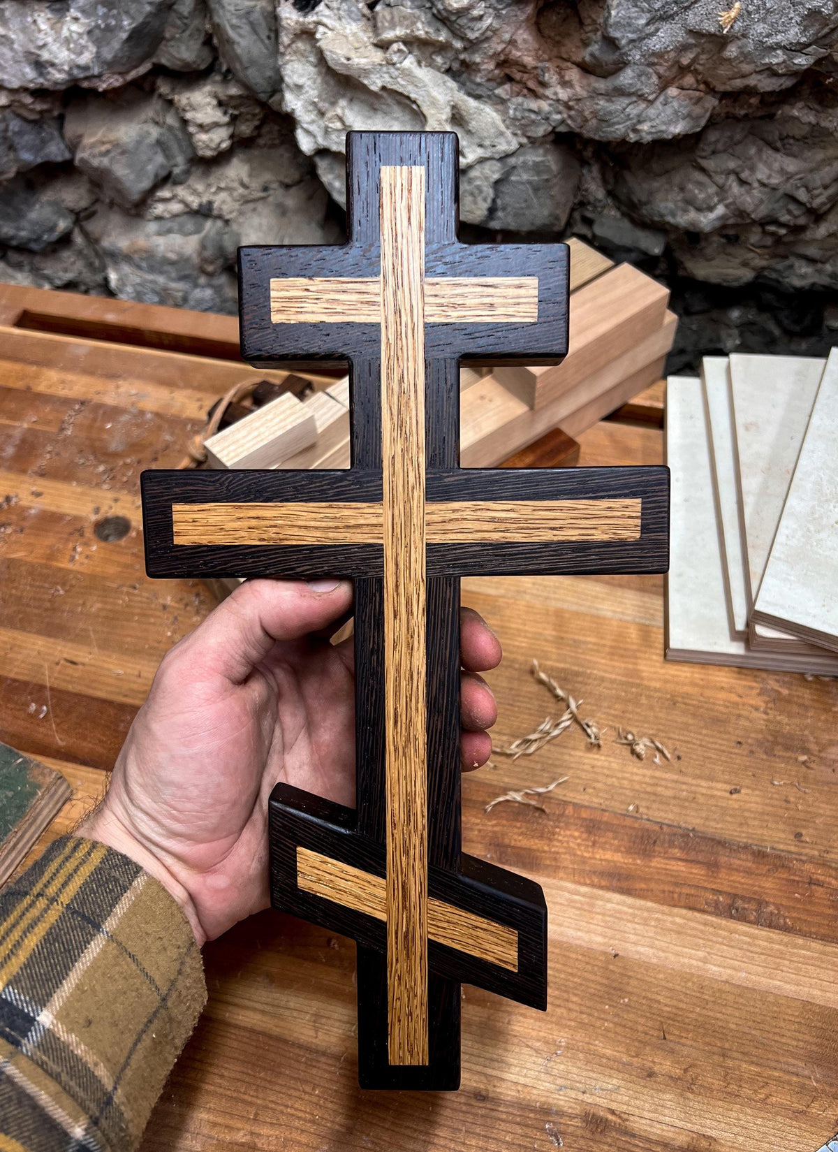 Wenge and White Oak Inlayed Wooden Orthodox Wall Cross