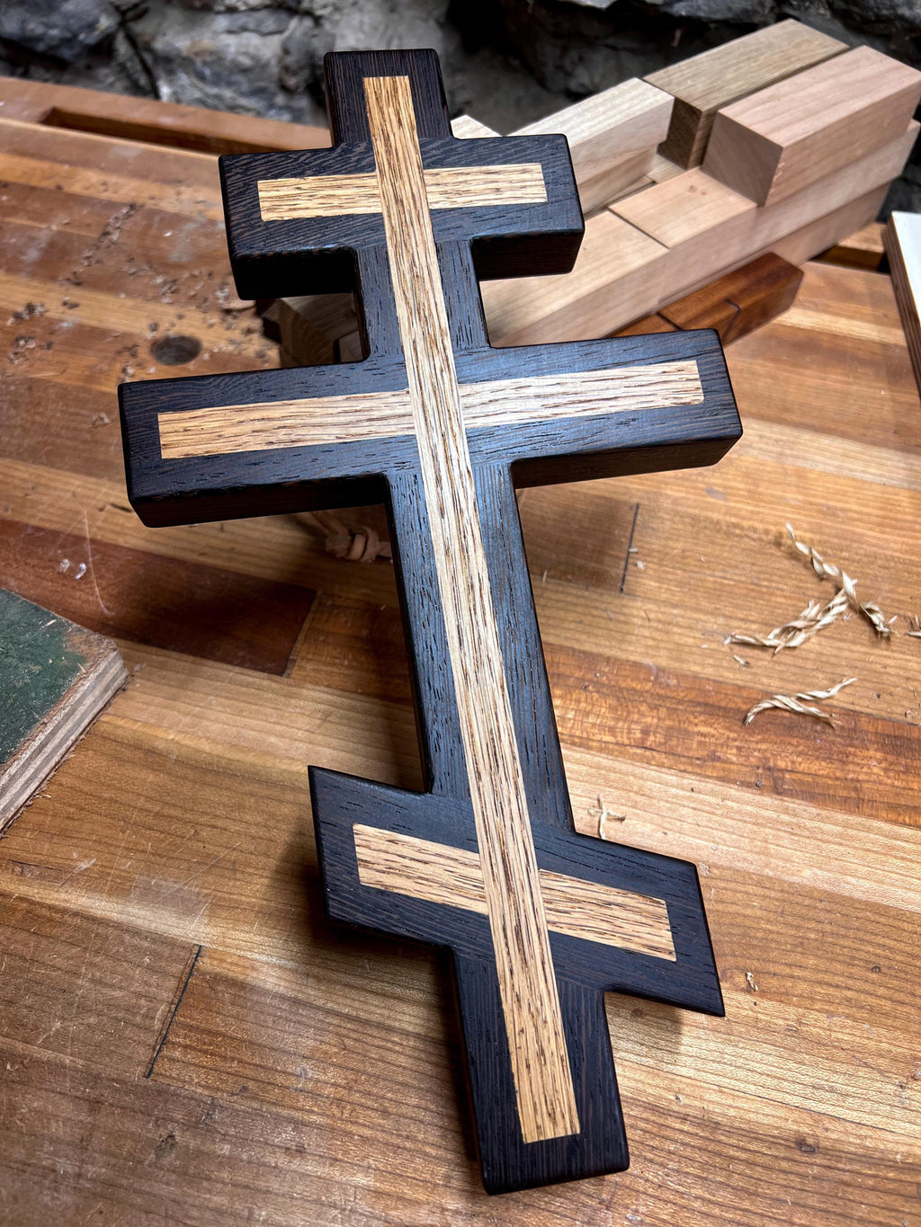 Wenge and White Oak Inlayed Wooden Orthodox Wall Cross